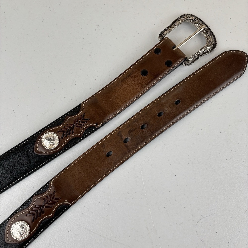 Nocona Mens Black Brown‎ Western Belt Silver Concho Size 46 Cowboy Rodeo